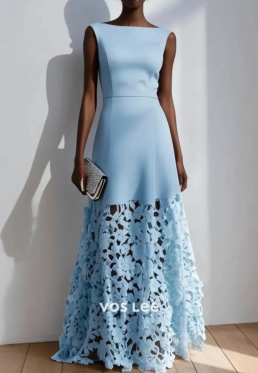 Sky Blue Illusion Cutout Bateau Neck Floor-Length Wedding Guest Dresses