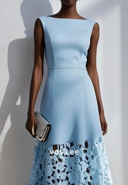 Sky Blue Illusion Cutout Bateau Neck Floor-Length Wedding Guest Dresses