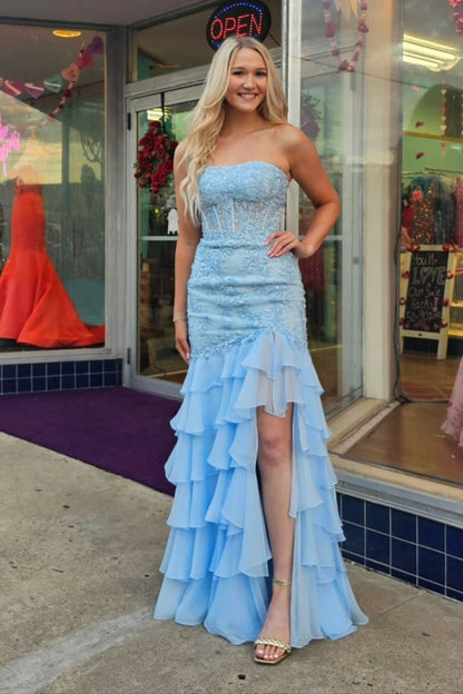 Strapless Teal Lace Appliques Fitted Ruffle Prom Dress
