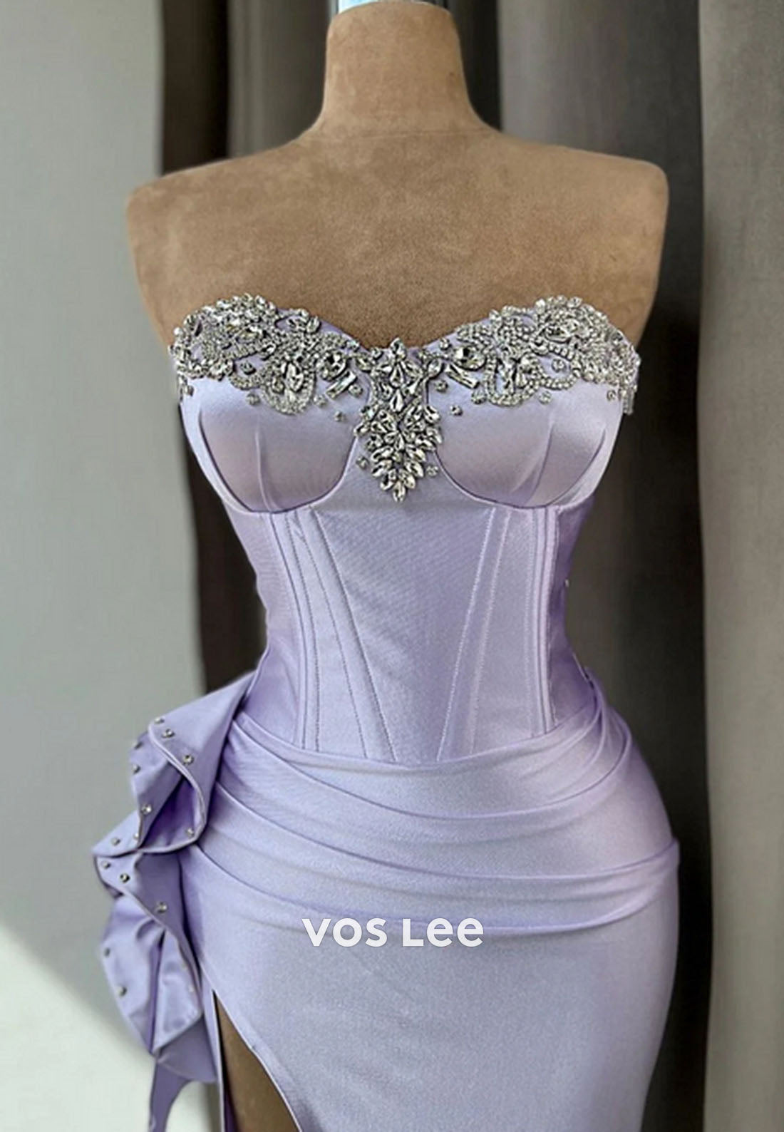 Light Purple High Slit Prom Dress With Rhinestone Gown Sleeveless