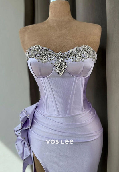 Light Purple High Slit Prom Dress With Rhinestone Gown Sleeveless