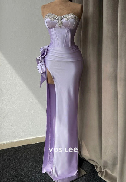 Light Purple High Slit Prom Dress With Rhinestone Gown Sleeveless