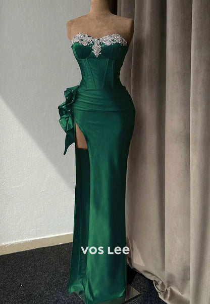 Light Purple High Slit Prom Dress With Rhinestone Gown Sleeveless