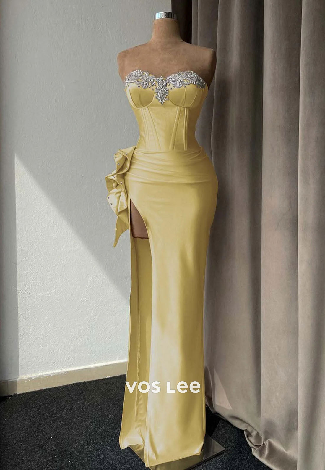 Light Purple High Slit Prom Dress With Rhinestone Gown Sleeveless