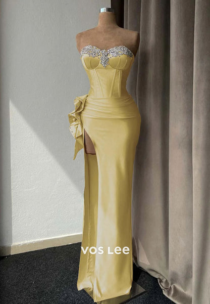 Light Purple High Slit Prom Dress With Rhinestone Gown Sleeveless