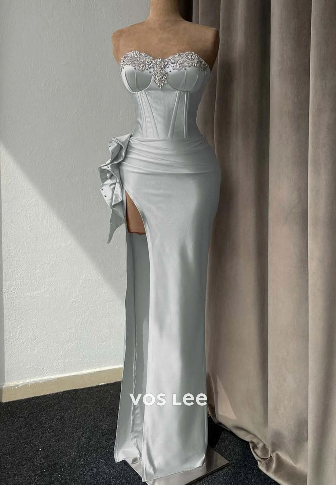Light Purple High Slit Prom Dress With Rhinestone Gown Sleeveless