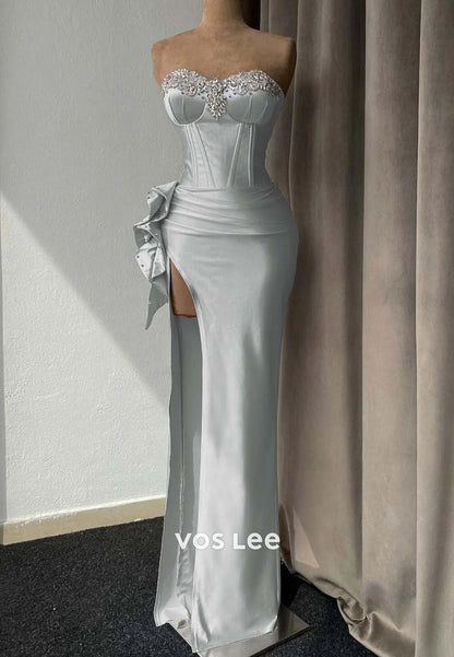 Light Purple High Slit Prom Dress With Rhinestone Gown Sleeveless
