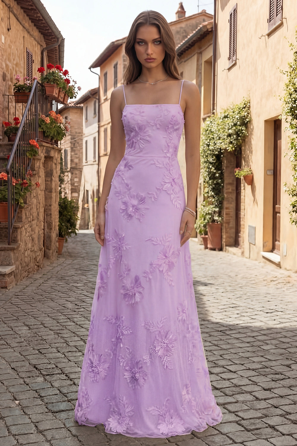 Yellow Spaghetti Straps Floral Long A Line Appliqued Prom Dress