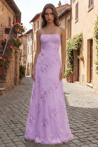 Yellow Spaghetti Straps Floral Long A Line Appliqued Prom Dress