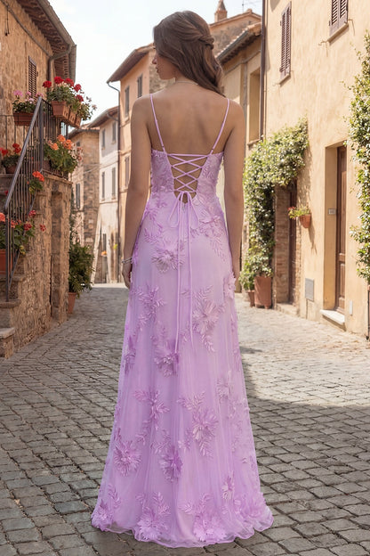 Yellow Spaghetti Straps Floral Long A Line Appliqued Prom Dress