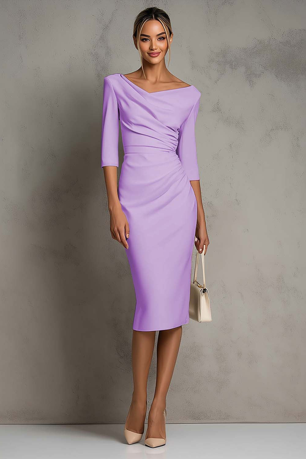 Ivory Sheath V-Neck Midi Dress With Half Sleeves