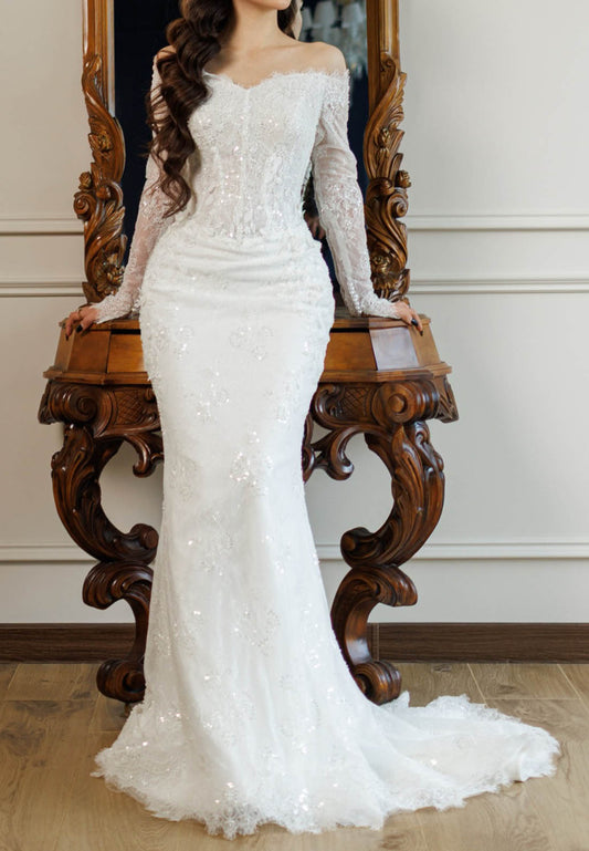 Long Sleeves Scoop V-Neck Mermaid Wedding Dress
