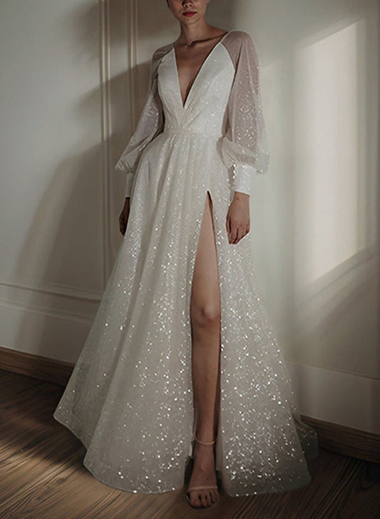 Sparkling A-Line/Princess V-Neck Floor-length Split Wedding Dress