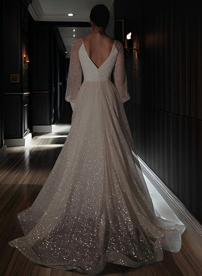 Sparkling A-Line/Princess V-Neck Floor-length Split Wedding Dress