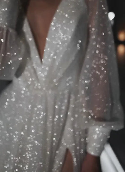 Sparkling A-Line/Princess V-Neck Floor-length Split Wedding Dress
