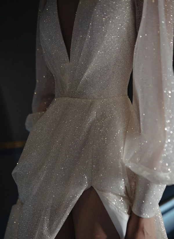 Sparkling A-Line/Princess V-Neck Floor-length Split Wedding Dress