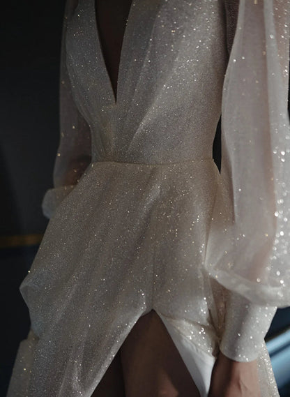 Sparkling A-Line/Princess V-Neck Floor-length Split Wedding Dress