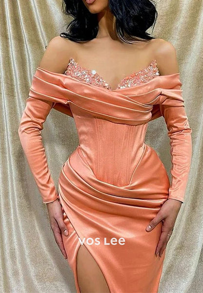 Sequins Off the Shoulder Elegant Long Sleeve Mermaid Prom Dress With Split
