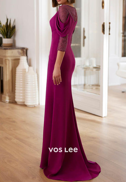 3/4 Sleeve Scoop Pleated Long Mermaid Mother of Bride Dresses with Sweep Train