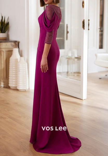 3/4 Sleeve Scoop Pleated Long Mermaid Mother of Bride Dresses with Sweep Train