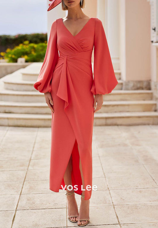 Long Sleeve V Neck Pleated Ankle-Length Sheath Mother of Bride Dresses with Split