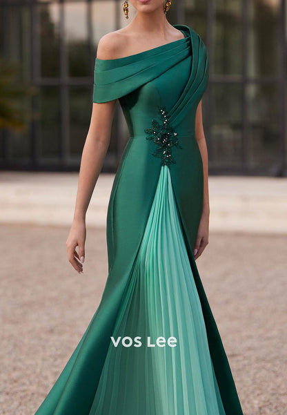 Dark Green Asymmetrical Neck Pleated Sheath Mother of Bride Dresses with Sweep Train
