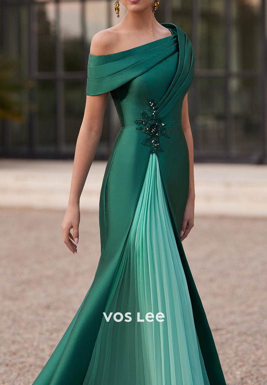 Dark Green Asymmetrical Neck Pleated Sheath Mother of Bride Dresses with Sweep Train