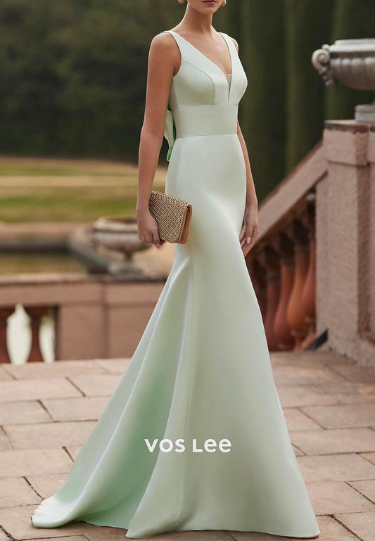 Low Back V Neck Bowknot Mermaid Satin Mother of Bride Dresses with Sweep Train
