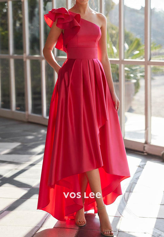 Fashion A-Line High Low One Shoulder Formal Mother of Bride Dresses with Pockets