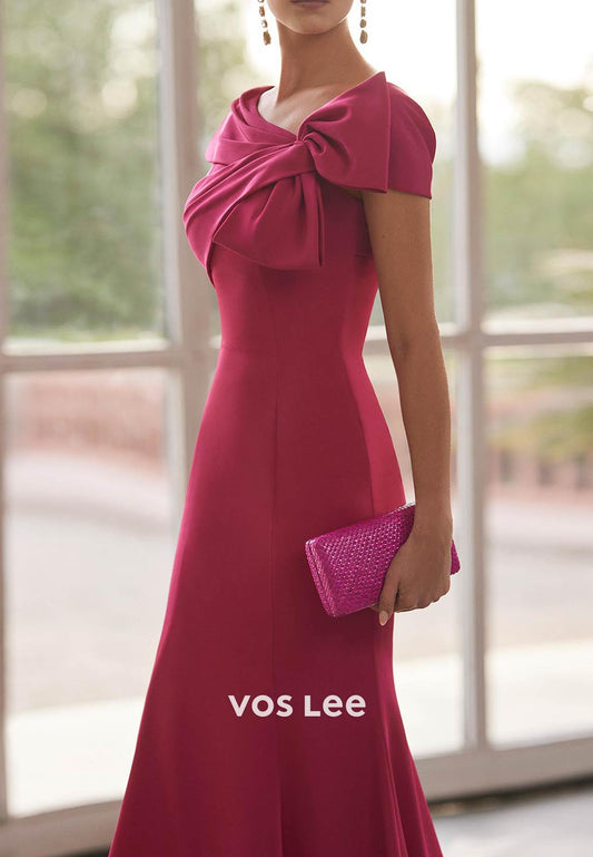 Short Sleeve Asymmetrical Neck Bowknot Mermaid Mother of Bride Dresses with Sweep Train