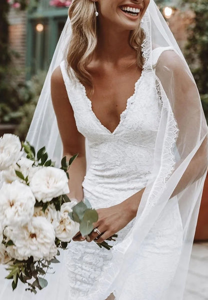 V-Neck Lace Bridal Gown with Leg Slit | Backless Mermaid Wedding Dress for Curvy Brides