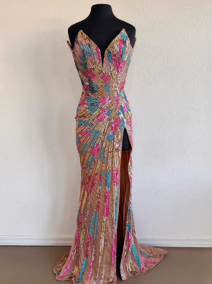 Luxurious Mermaid Sweetheart Pink Sequins Long Prom Dress with High Slit