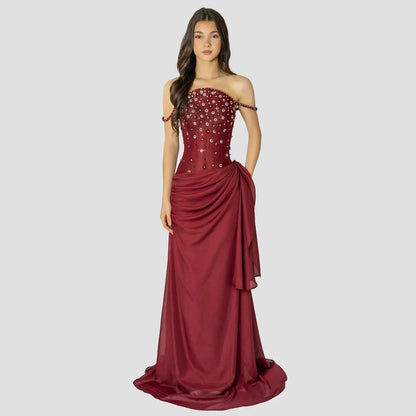 Wine Red Beaded Mermaid Evening Gown | Off-Shoulder Formal Dress