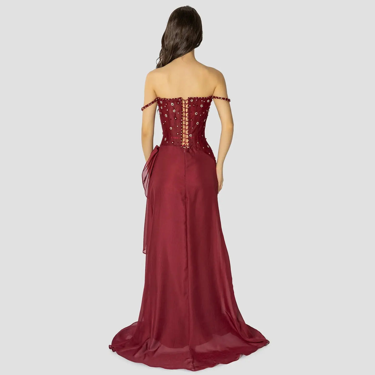 Wine Red Beaded Mermaid Evening Gown | Off-Shoulder Formal Dress