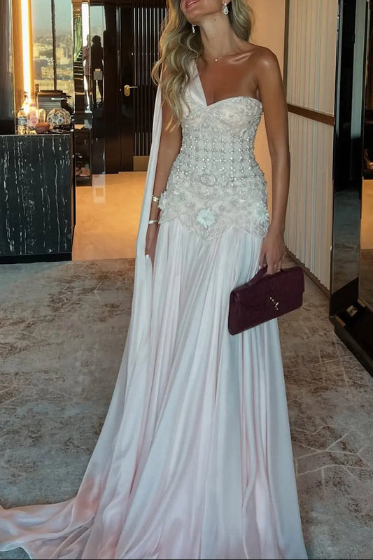 Blush Pink Beaded Evening Dress with Cape | Luxury Formal Gown