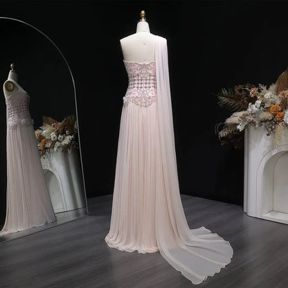 Blush Pink Beaded Evening Dress with Cape | Luxury Formal Gown