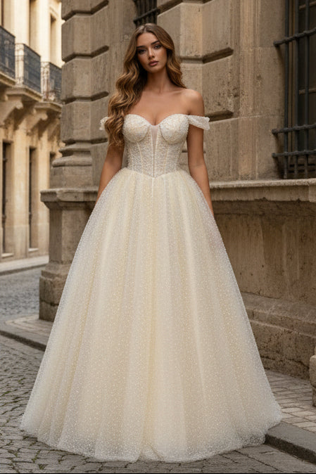 Luxury Off Shoulder Light Yellow Prom Gown with Glitter Pearls Tulle Skirt