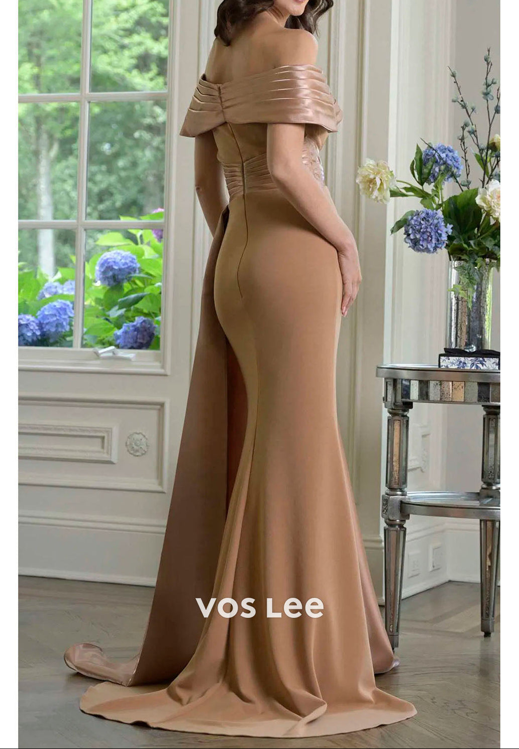 Champagne Gold Mother of the Bride Dress | Off-the-Shoulder Satin Gown