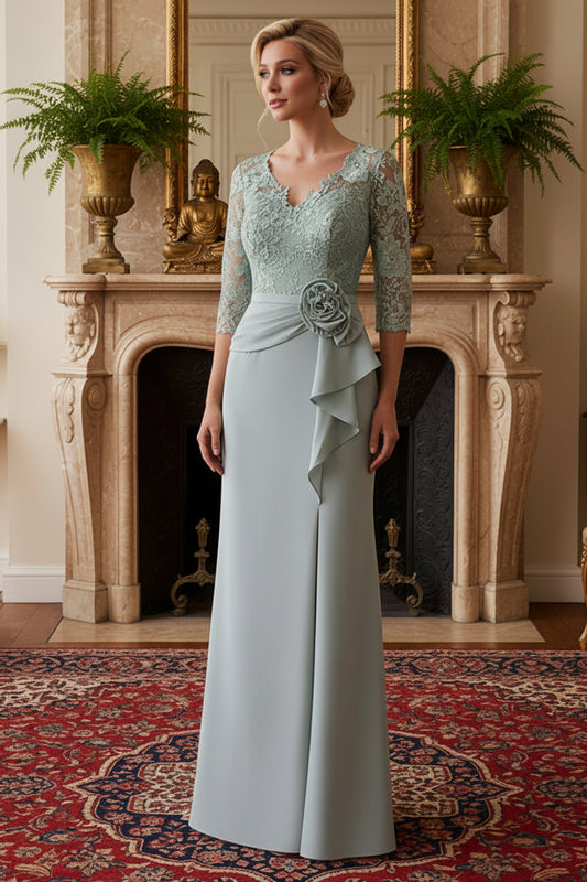 V-Neck Embroidered Gown with Three-Quarter Sleeves