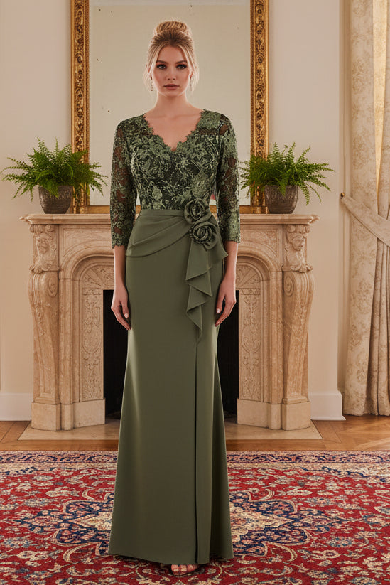 V-Neck Embroidered Gown with Three-Quarter Sleeves