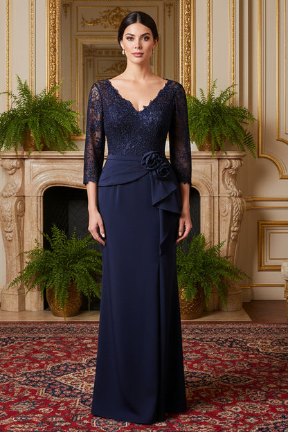 V-Neck Embroidered Gown with Three-Quarter Sleeves