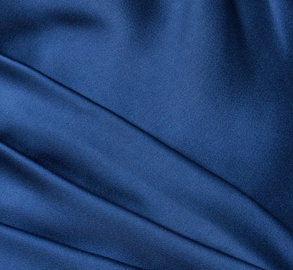 Satin Asymmetrical Draped Hardware Halter Gown In Navy