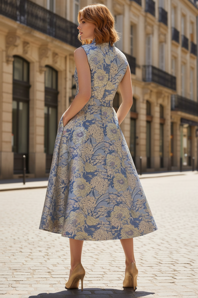 Hydrangea Floral Jacquard Collared Midi Dress In Blue Multi
