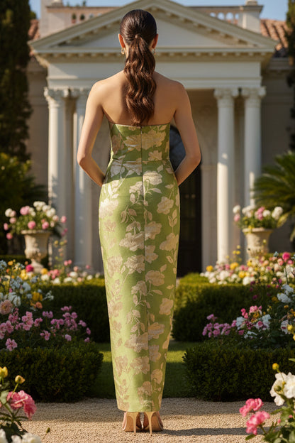 Strapless Draped Floral Jacquard Column Gown In Fern