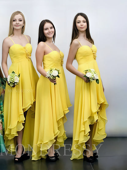 Spaghetti Straps Chiffon Asymmetrical Bridesmaid Dresses for Women