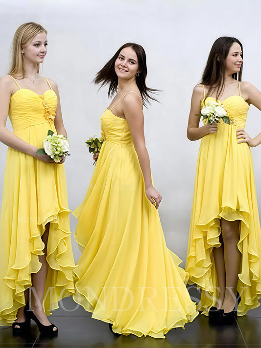 Spaghetti Straps Chiffon Asymmetrical Bridesmaid Dresses for Women