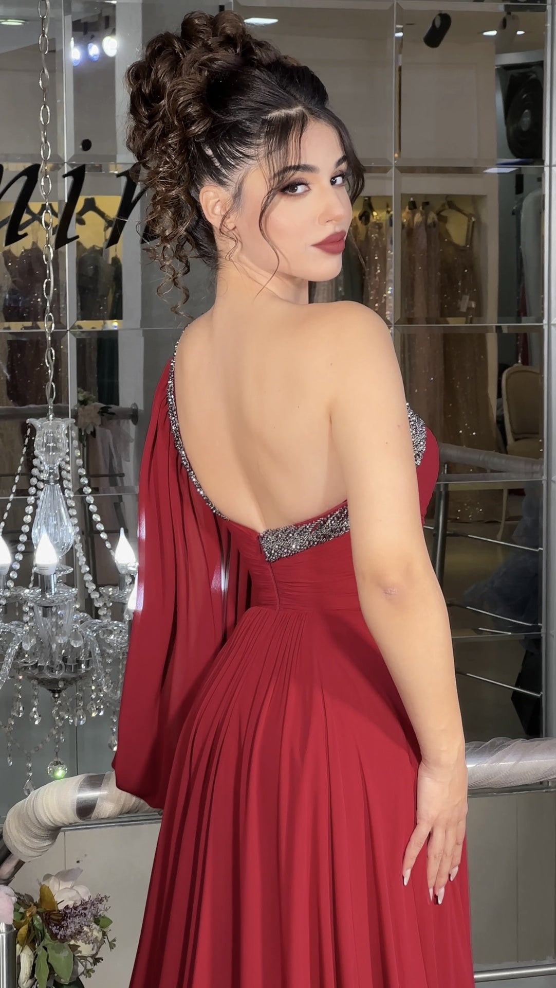 Unique A-Line One Shoulder Back Zipper Pleated Sweep Train Prom Party Dress