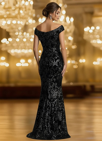 Glitter Sequin Off Shoulder Mermaid Floor Length Prom Dresses Evening Gown