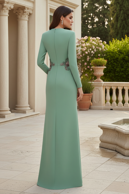 Crepe Dress with Jewel Appliqués and Buttoned Slit