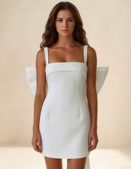 Mini Square Neck Satin Wedding Dresses Little White Dress with Bow Back Sleeveless